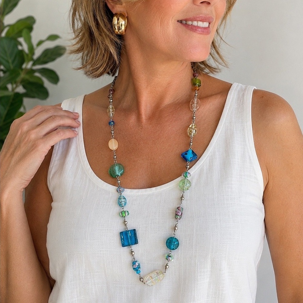 Premier Designs Venetian Retired Art Glass Statement Necklace‎ Silver Tone 36"